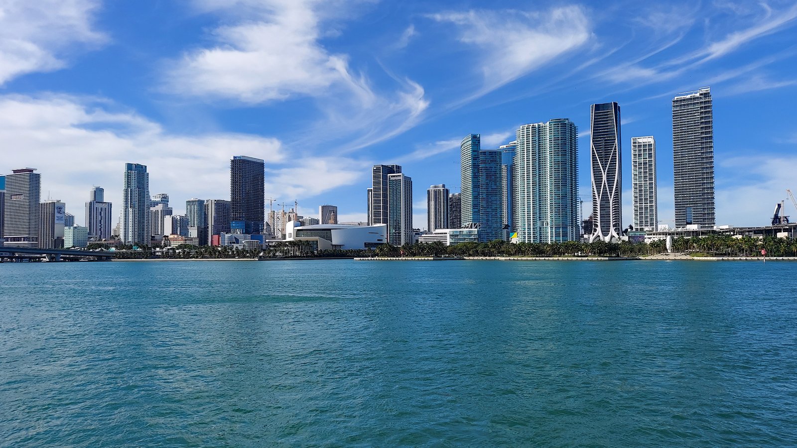 Authentic view of Miami skyline and luxury harbor waters across Biscayne Bay